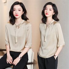 老敏哥【优雅从容】100重磅百搭飘带立领桑蚕丝双绉真丝上衣女，女装衬衫，阿舍尔精品