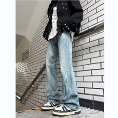 牛仔裤男韩版潮流拼接个性高街帅2024秋冬新款ins长裤RK1057-P48，男装牛仔裤，星座412-2