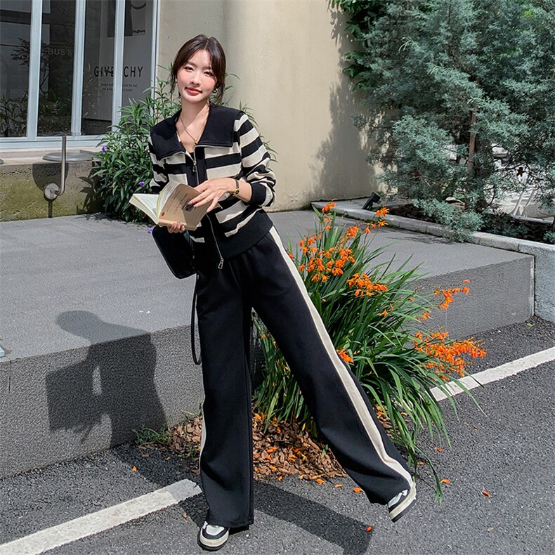 黑色条纹休闲运动套装女春秋2025新款盐系轻熟小个子阔腿裤两件套图片
