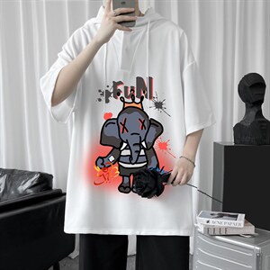 LD54221-P45 连帽短袖t恤男大码胖子带帽五分袖中袖图片