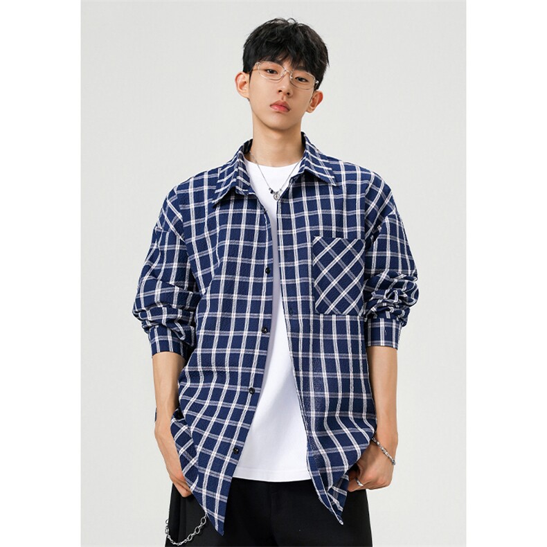 新款泡泡纱纹理感格子翻领大码高级衬衫外套男C5462-特P33控65，男装衬衫，电商A001