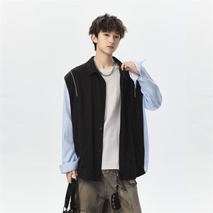 311B-1-YCS2013-P45控98潮牌时尚假两件衬衫重磅宽松休闲上衣图片