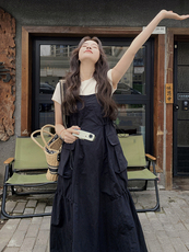 韩版休闲短袖黑色连衣裙套装女夏季2025新款宽松减龄吊带裙两件套，女装连衣裙，浙宝220