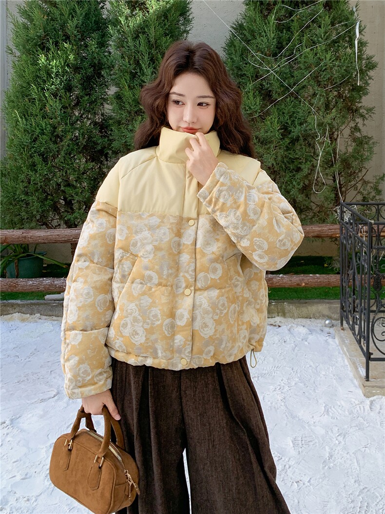 现货新款撞黄色买家秀已更风印花50羽绒2C282-995P245K388,女装羽绒服,2C282