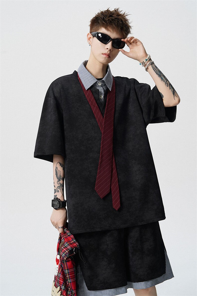 TZ780-特批55控98夏季新款扎染假俩件大码短袖短裤T恤套装,男装休闲套装,电商A059
