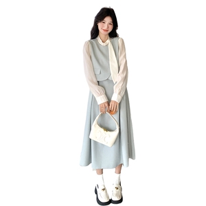 蓝色拼接假两件连衣裙女2025春季新款法式高级感气质显瘦a字长裙图片