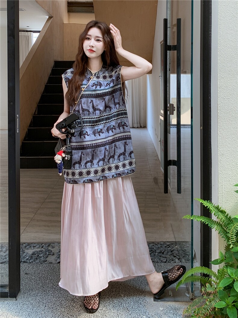 法式复古民族风印花背心套装女2025夏季新款时尚休闲半身裙两件套,女装套装/套裙,秋水欣儿