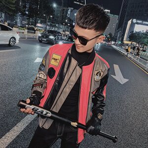 痞帅潮流彩条拼接社会小伙韩版机车水洗皮衣夹克 D1116-P125控155图片