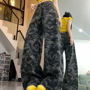 266-P35 大码美式复古高街迷彩牛仔裤女2025新款高腰宽松图片