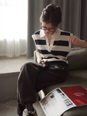 慵懒宽松翻领套头精纺羊毛无袖背心马甲女休闲条纹春秋季针织坎肩，女装针织衫/毛衣，雪真羊绒