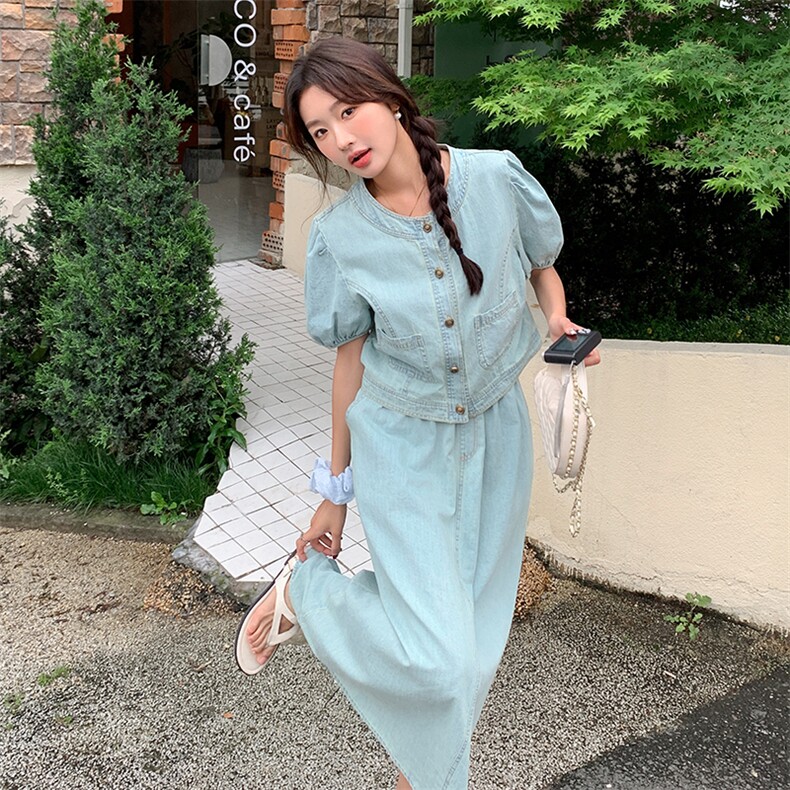 现货：复古泡泡袖松紧高腰牛仔套装2C105-8858-P140-K198,女装套装/套裙,2C105