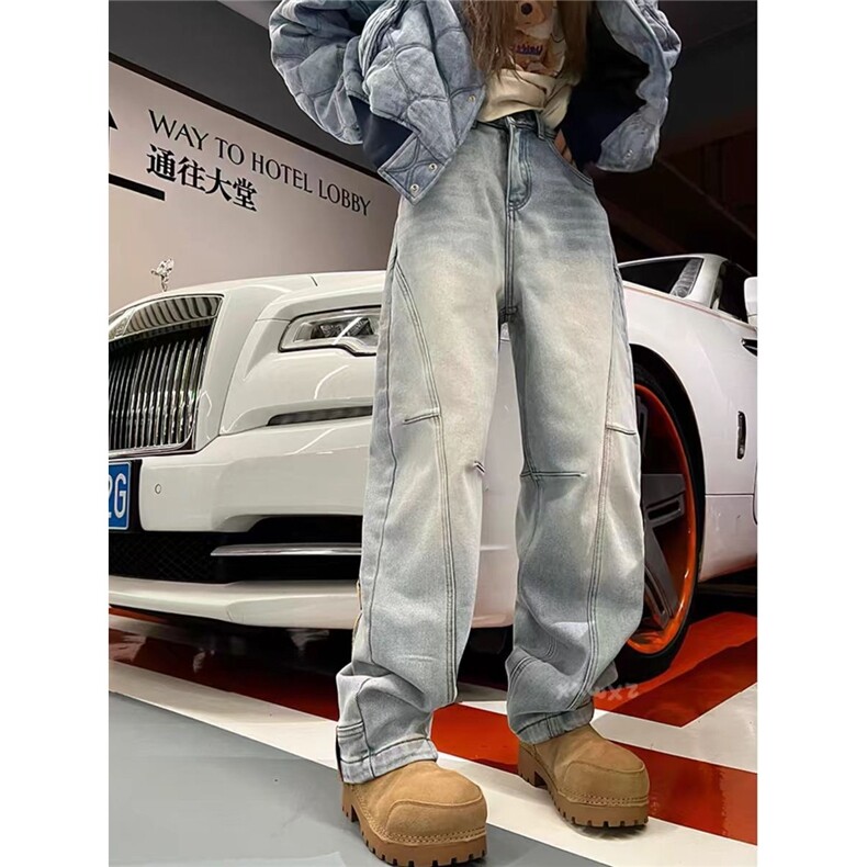 卡通刺绣弯刀牛仔裤男款美式高街阔腿工装裤cleanfit直筒微喇裤子,男装牛仔裤,星座506A