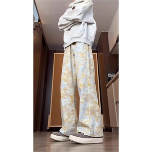 美式扎染满印牛仔裤男款潮牌水洗弯刀裤直筒微喇长裤CT111图片