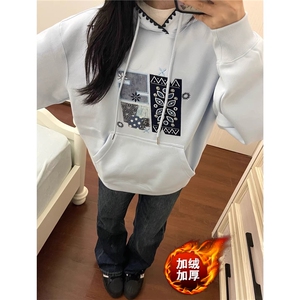 美式高街蓝色刺绣贴布连帽卫衣女秋冬设计感小众潮牌外套图片
