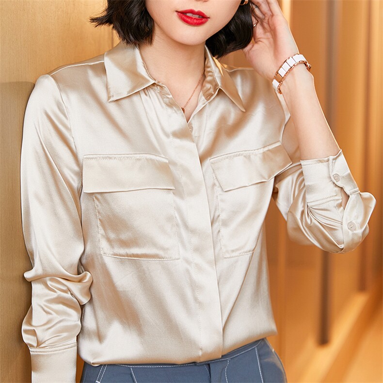 优雅气质真丝衬衫女长袖显瘦百搭职业装上衣秋季单排扣翻领衬衣,女装衬衫,宋氏羊绒