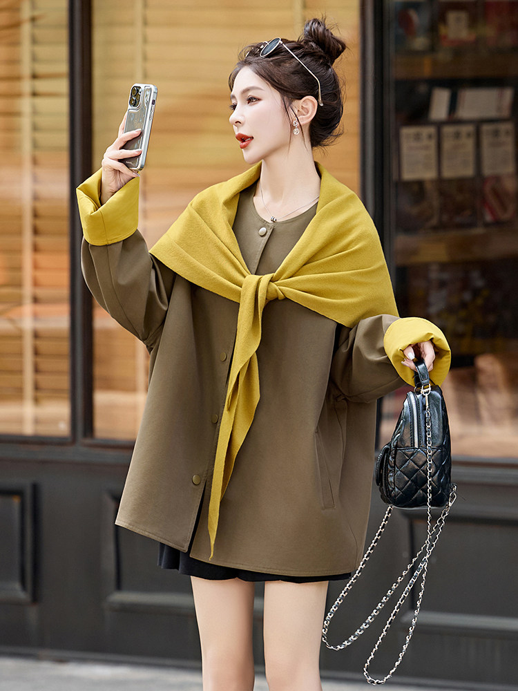 现货。现货。现货2025年秋季短外套休闲披肩围巾新款短风衣,女装短外套,艾仟回(原伊仟回)