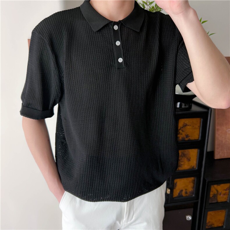 夏季男士短袖纯色翻领冰丝针织衫宽松T恤轻熟B3004-P55，男装T恤，星座1012-1