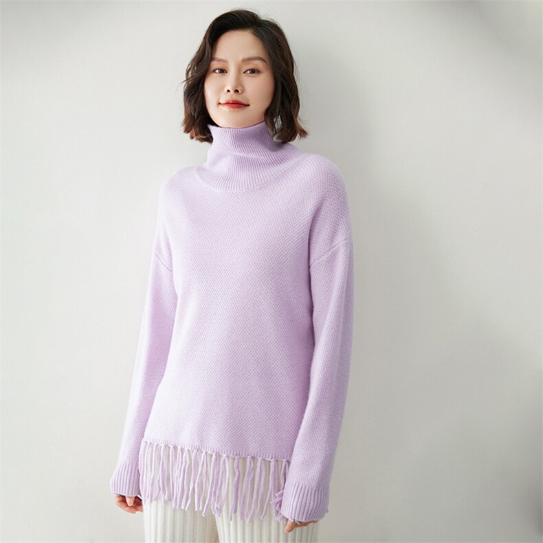 时尚流苏边高领女士羊绒衫舒适保暖显瘦设计,女装羊绒衫,迎冬羊绒