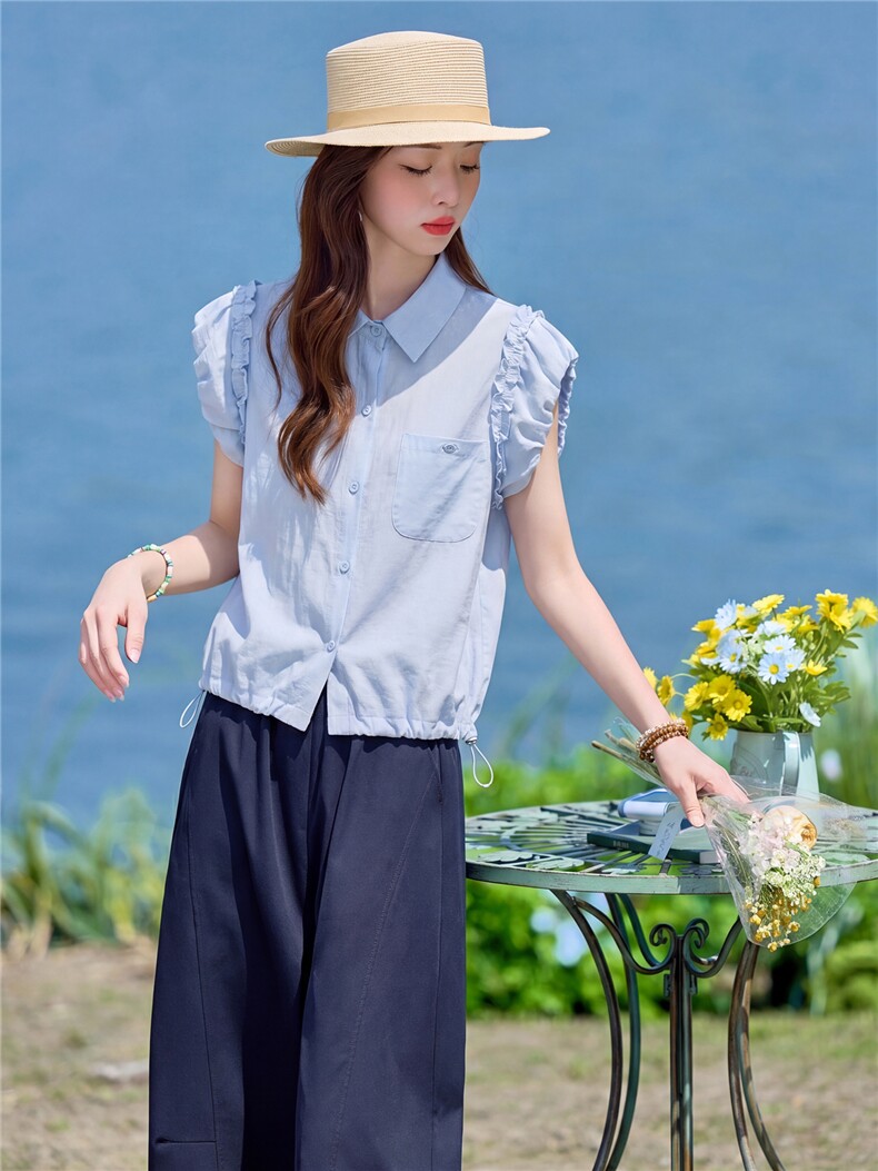 2026年夏季新款木耳边甜美衬衫阔腿裤两件套套装女,女装套装/套裙,依路服饰