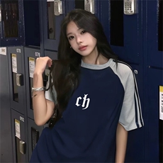 抖音得物品质二开240克宽松纯棉美式潮牌插肩三杠织带短袖T恤，男装T恤，电商A486