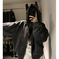 美式水洗做旧连帽开衫卫衣男潮牌十字刺绣宽松设计感休闲拉链外套，女装短外套，星座813-2