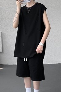 纯色无袖套装男士夏季薄款无袖坎肩T恤背心宽松运动休闲阔腿短款图片