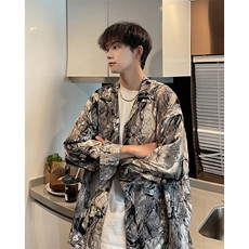 春夏季大理石纹水墨花衬衫男潮牌宽松垂感长袖衬衣A071-C50-P45，男装衬衫，电商A071