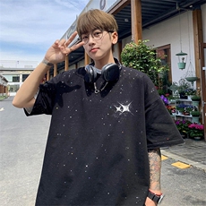 可48小时发货支持抖音得物来样二开美式满天星亮片短袖T恤MTX663，男装T恤，电商A486-1