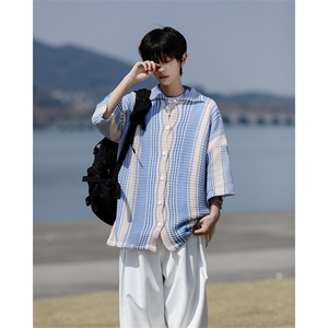 8XL-M 特大码美式撞色新中式短袖衬衫男翻领休闲针织开衫DX312P35图片