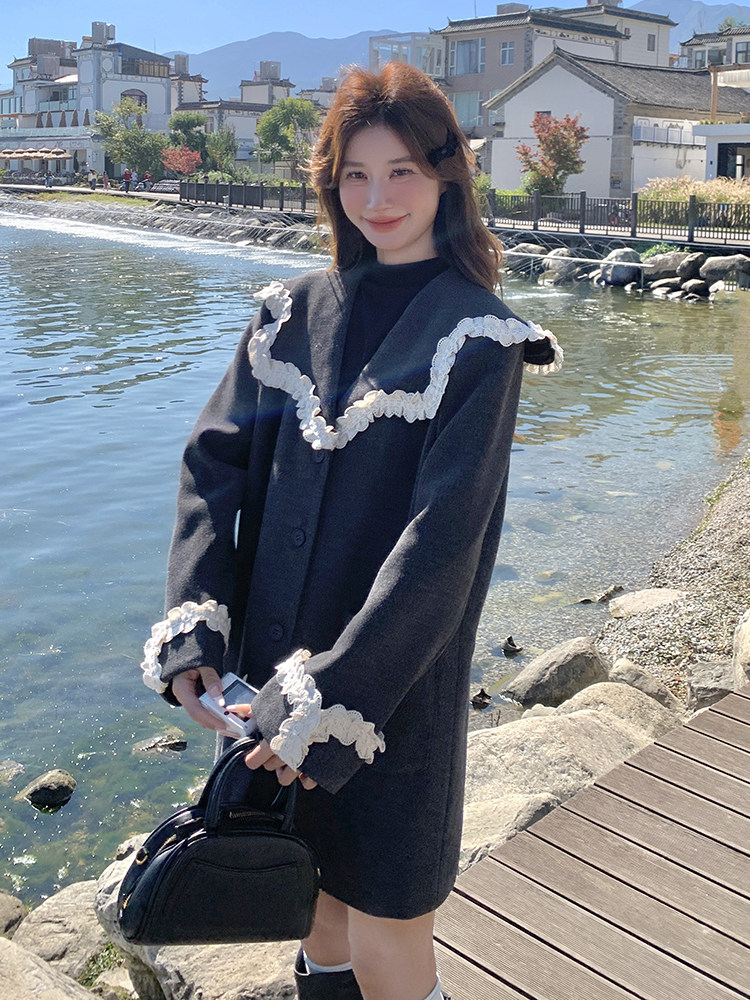 2025春季新款蕾丝气质海军领灰色小西装外套女中长款宽松休闲西服,女装短外套,韩蜜菓