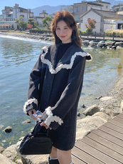 2025春季新款蕾丝气质海军领灰色小西装外套女中长款宽松休闲西服，女装短外套，韩蜜菓
