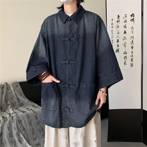 夏季短袖牛仔衬衫男ins潮牌港风日系小众设计感休闲宽松半袖外套图片