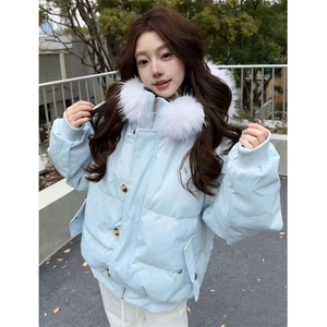 冬季蓝色连帽羽绒棉服女韩版宽松休闲加厚保暖毛领棉衣 M7882图片