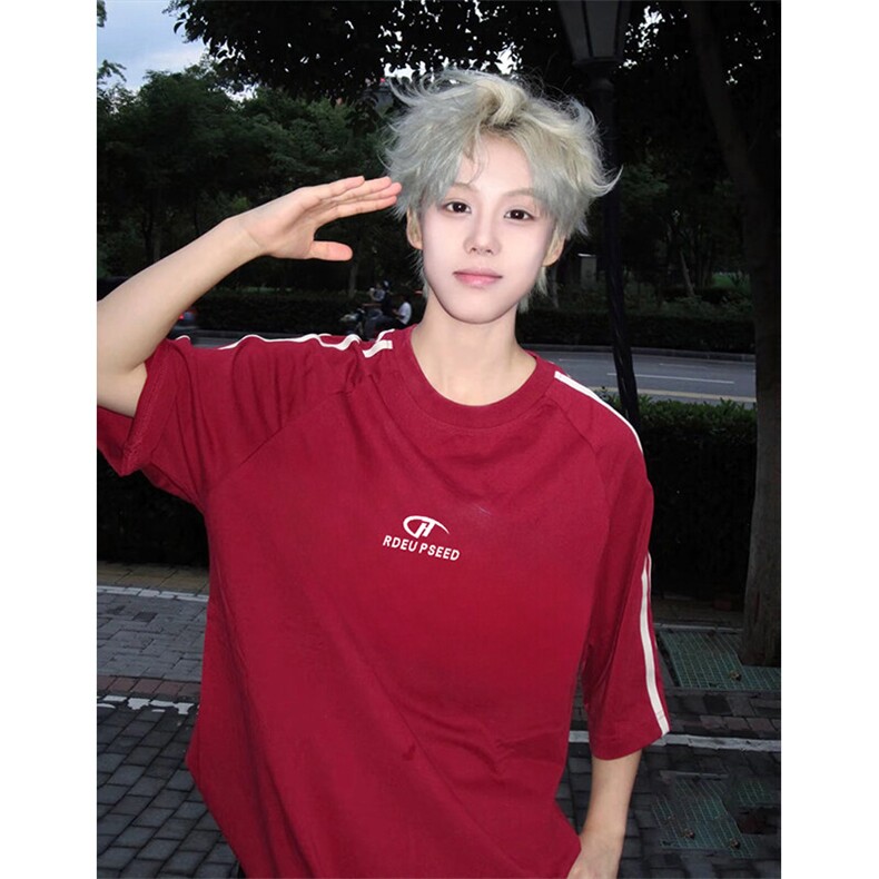 抖音得物高品质二开240克宽松纯棉美式潮牌三条杠织带短袖T恤，男装T恤，电商A486-1