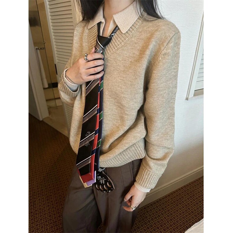 重磅北极绒假两件衬衫领毛衣美式高街复古休闲慵懒纯色翻领针织衫，男装针织衫/毛衣，电商A486