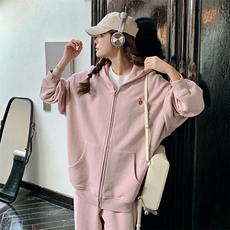 韩系穿搭粉色运动连帽卫衣套装女春秋超火好看高级感休闲裤两件套，女装套装/套裙，2C037