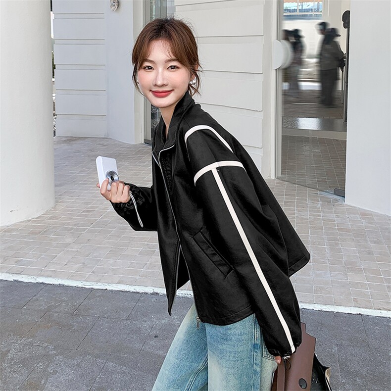 休闲撞色拼接咖色皮衣外套女春秋2025新款小个子PU夹克爆款高级感,女装皮衣,2C256