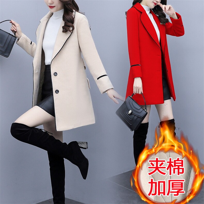 2021秋季夹棉加绒加厚毛尼外套女中长款英伦风包边时尚,女装毛呢外套,潮品会