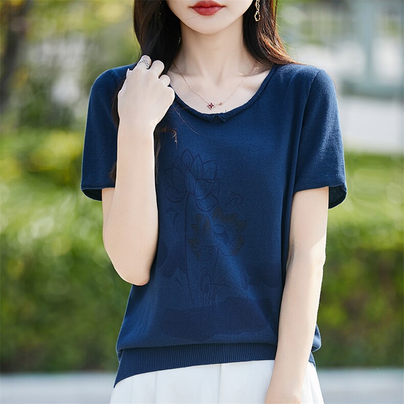 夏季新款女装纯棉短袖印花t恤女宽松文艺无色无味大码套头针织衫,针织衫/毛衣,斯美雅电商供货