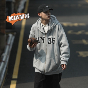 Cityboy卫衣ins港风宽松开衫加绒印花外套X5510-模特图-P85-限98图片