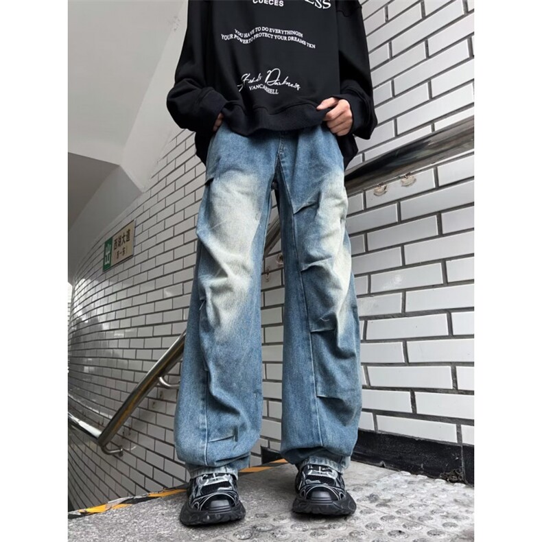 美式复古水洗多穿法牛仔裤设计感高腰宽松阔腿坠感拖地XK8056-P53,男装牛仔裤,星座1109-3