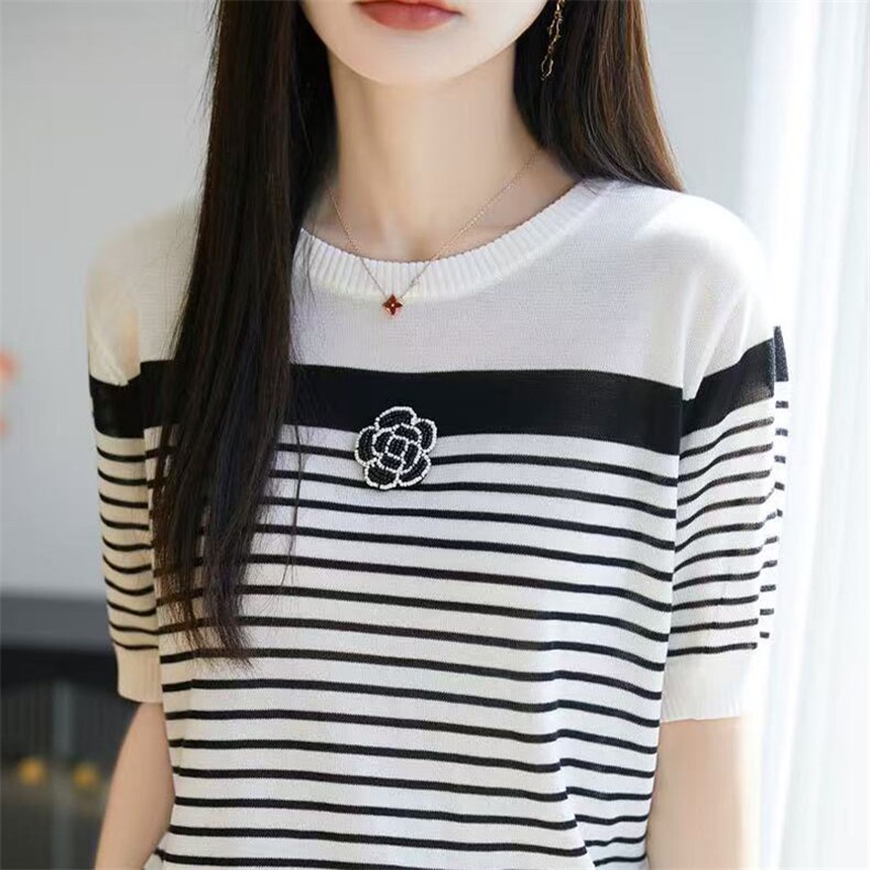 经典条纹~莱赛尔天丝山茶花条纹短袖女夏季圆领针织T恤打底衫图片