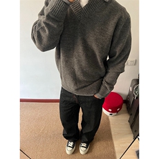 重磅北极绒假两件衬衫领毛衣美式高街复古休闲慵懒纯色翻领针织衫，男装针织衫/毛衣，电商A486