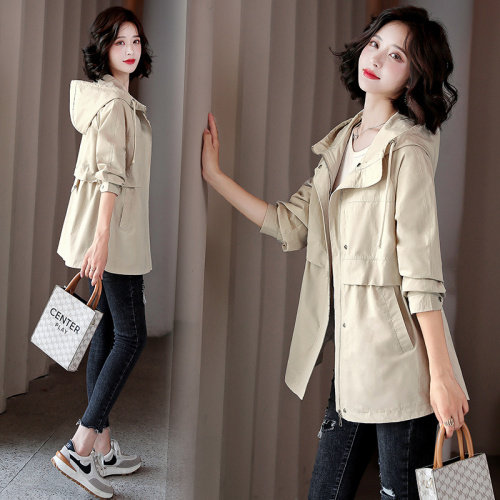 风衣女2024春秋新款韩版宽松连帽收腰显瘦小个子工装中长款外套潮，女装风衣，依万里