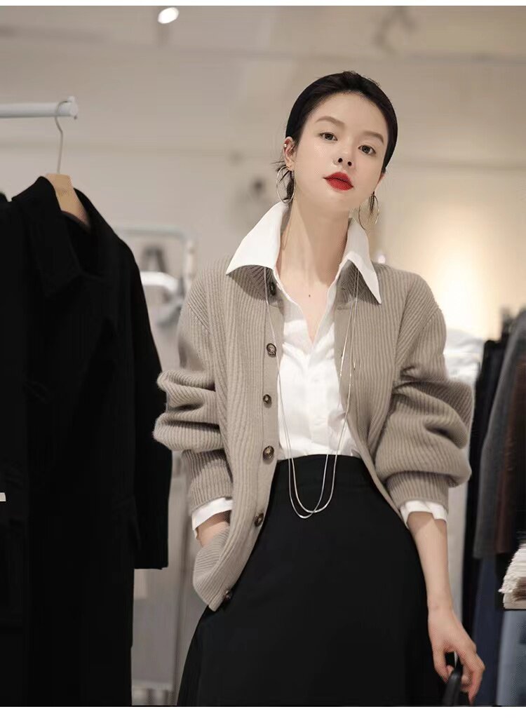 韩系针织开衫女秋冬新款流行软糯毛衣外套慵懒外搭,女装羊毛衫,恩泰羊绒