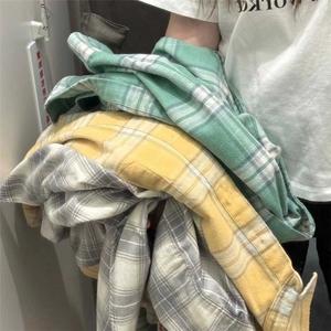 TC671-p45 黄色纯棉格子衬衫女内搭叠穿打底上衣图片