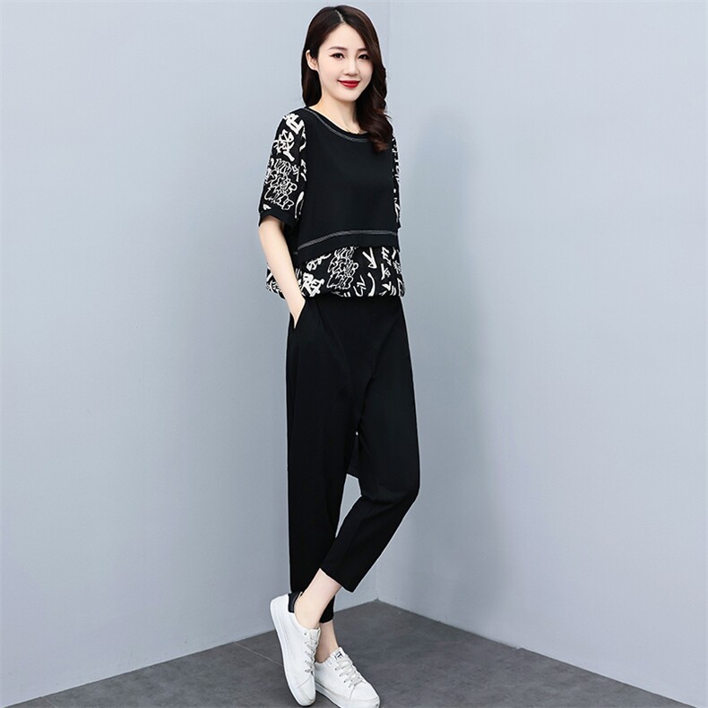 时尚休闲套装2022夏季新款韩版宽松大码女装两件套裤子,女装套装/套裙,素月