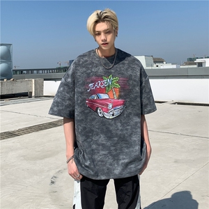 美式复古汽车印花男生短袖水洗做旧宽松T恤JK23273-p45-控58图片
