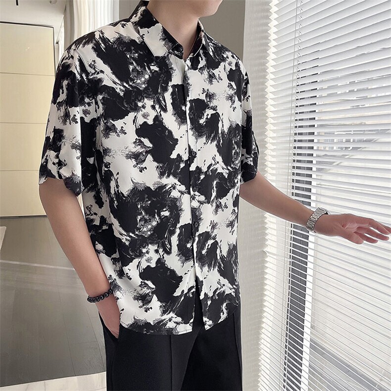 轻熟风~大码男装夏季水墨画冰丝中袖衬衫C208/P40,男装衬衫,电商B331