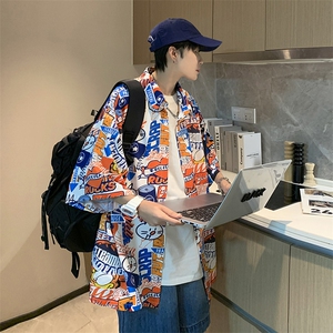 夏季冰丝新款男士宽松港风卡通满印短袖T恤衬衫 A071-C33-P38图片